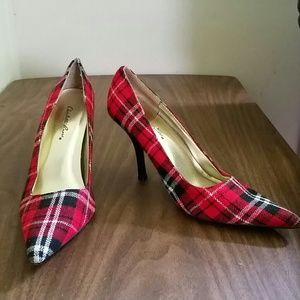 Red plaid high heels