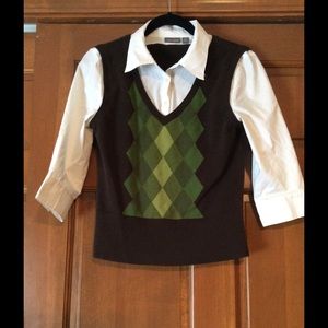 argyle 3/4 sleeve button down sweater set PM
