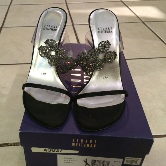 Stuart Weitzman Black Satin Crystal Sandals SZ 8.5 - Picture 2 of 3