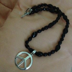 ONYX & Silver Peace Symbol Necklace w/Heart Toggle
