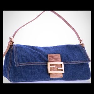 FENDI beige lizard and blue denim baguette bag