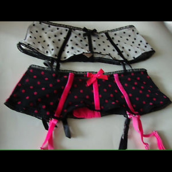 NWT Black Garter Belt with Bright Pink Polka Dots