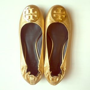 Gold Leather Tory Burch Minnie Travel Flats
