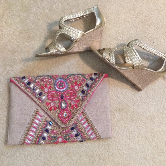 Beige tan clutch with beading