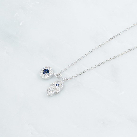 TREMENDOUS HAMSA CUBIC SILVER AND BLUE NECKLACE