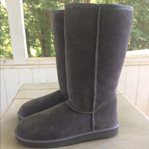 Tall gray genuine sheepskin boots
