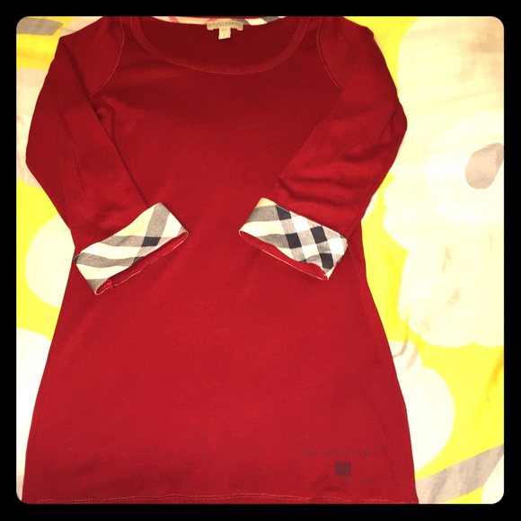 Ruby red Burberry Brit 3/4 check sleeve tee, NWOT