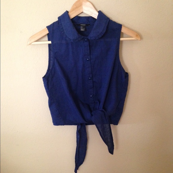 Navy button up crop top with tie front