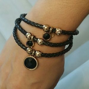 Bracelet Real Leather Black Stones