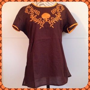 Choco Brown Lite Cotton Boho Top w/Tangerine🍊Trim
