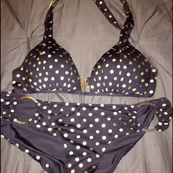 Black and gold polkadot bathing suit set!