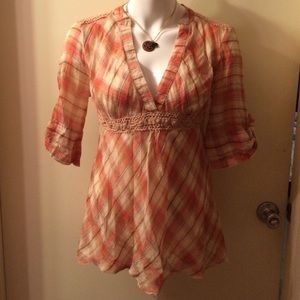 Plaid chiffon 3/4 sleeve shirt