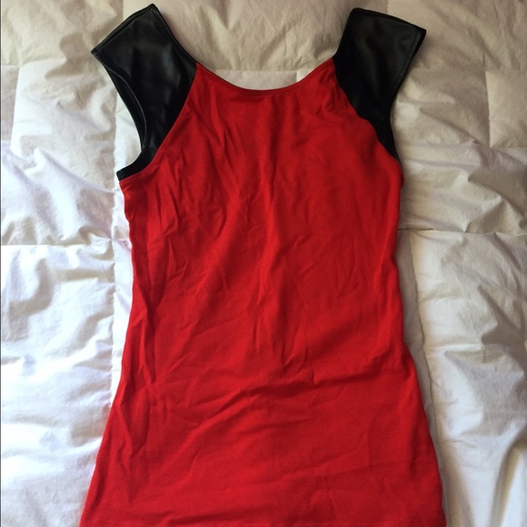 Red shirt with pleather shoulders