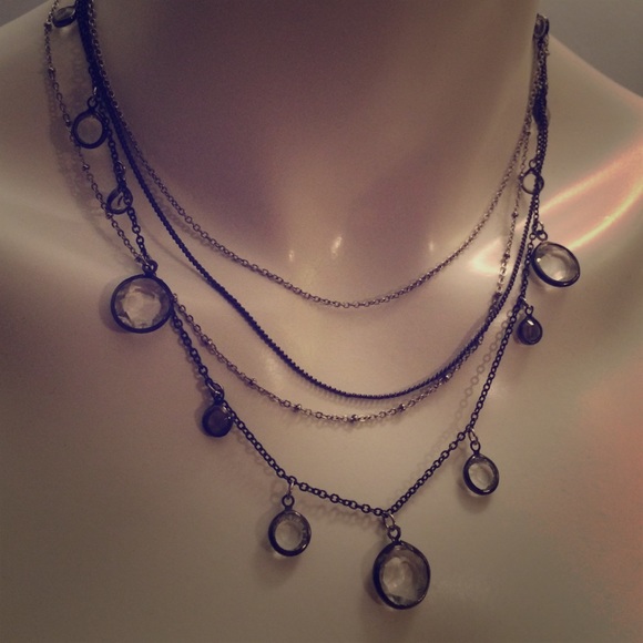 Multichain silver, black crystal beaded necklace