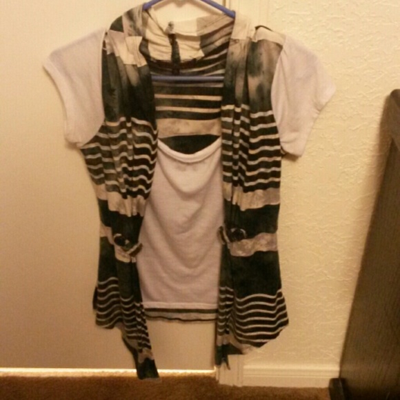 Shirt w/ attached blue and white striped cardigan - Picture 1 of 1