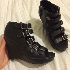 Black Buckle Cage Wedges