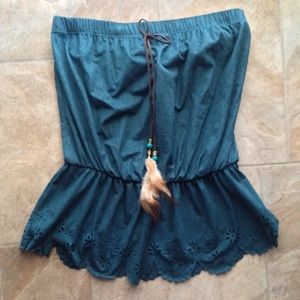 Velvet dark teal halter top with feathers
