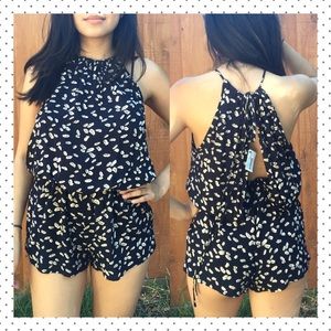 Leaf Print Drawstring Romper
