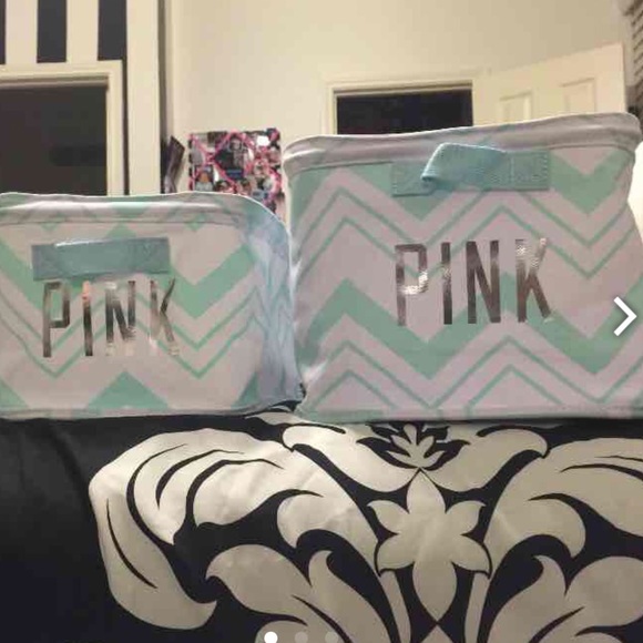 Pink organizing baskets
