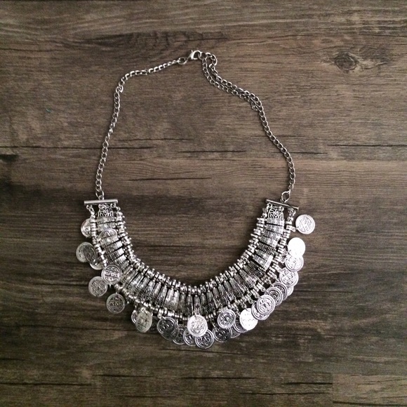 Silver coin boho necklace