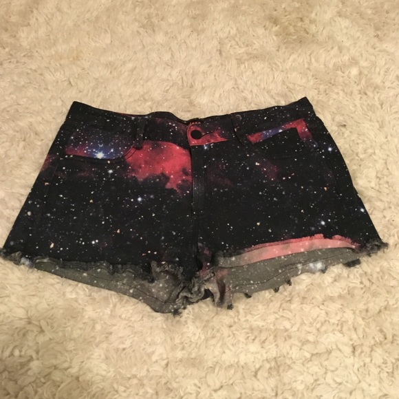 Galaxy print denim shorts