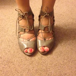 Lace up taupe stacked heel