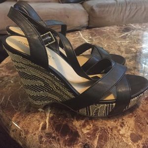 Black leather strapped wedges
