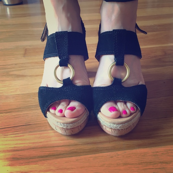 Coach Valeann Black Suede Cork Platform Sandals