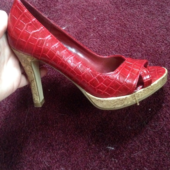 Red faux snakeskin heels