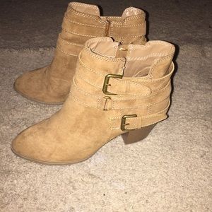 Camel Booties with buckle accents