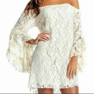 Elan off shoulder cream lace dress