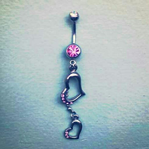 Pink Heart silver bling rhinestone belly ring long