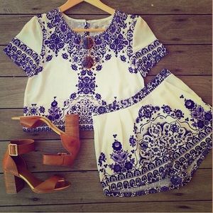 White and Blue Floral Summer Jumpsuit/Set