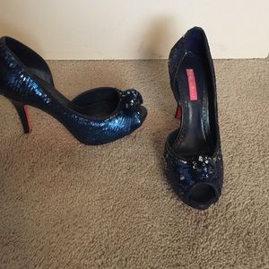 Betsy Johnson  blue-sequin peep toe pumps