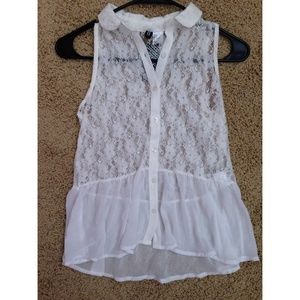 H&M White Lace and Sheer Button Up