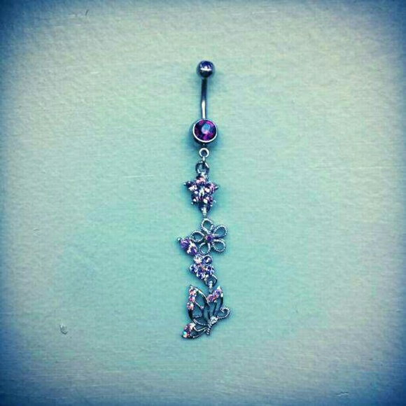 Purple Silver butterfly long Dangle belly ring