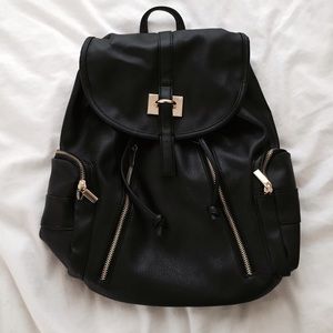 Black faux leather drawstring backpack