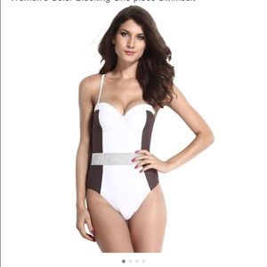 Brown and white one piece bathing suit