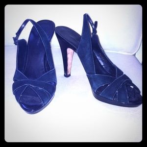 Black velvet open toe sling back heels Black velvet open toe sling back heels