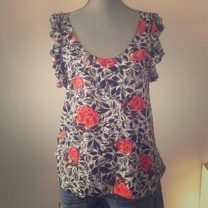 Joie Silk Blouse w/ Red Roses and Navy background