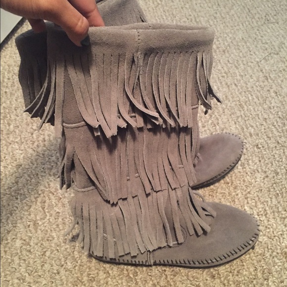 3-layer gray Minnetonka boots