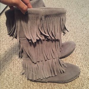 3-layer gray Minnetonka boots
