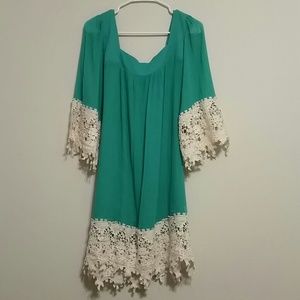 Teal & Lace Trimmed Cotton Dress