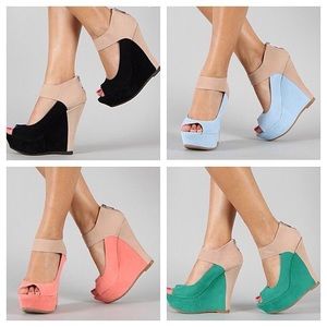 Bamboo turquoise and tan peep toe wedges