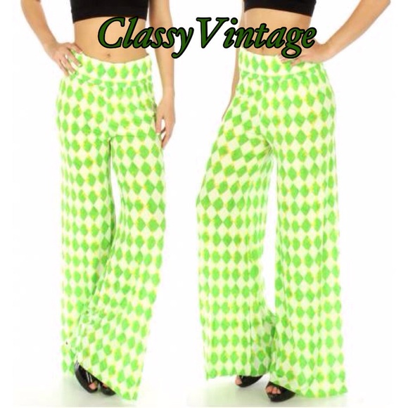 Pants - White & lime diamond pattern palazzo pants. NWT