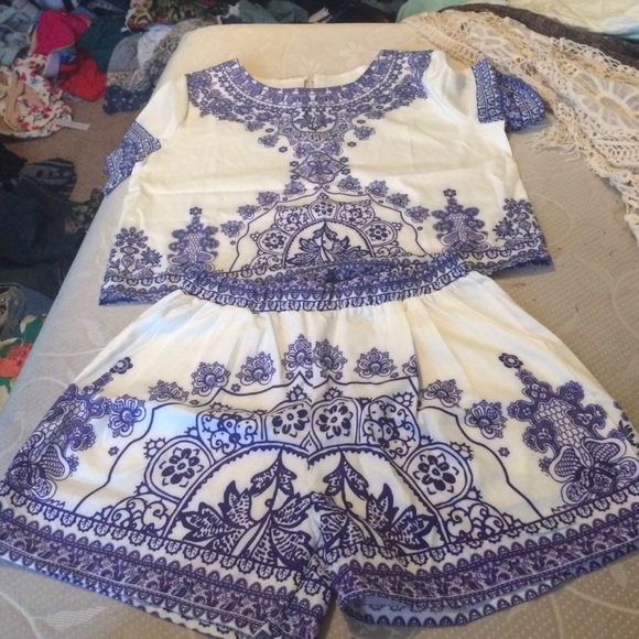 Blue and white China print top and shorts