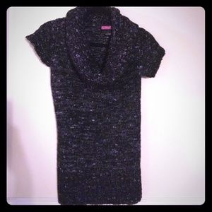 Black knit short sleeve cowl neck sweater dress