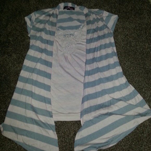 Pink shirt w/pink and grey striped cardigan - Picture 1 of 2