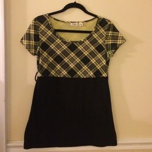 Yellow plaid & black empire waist short dress