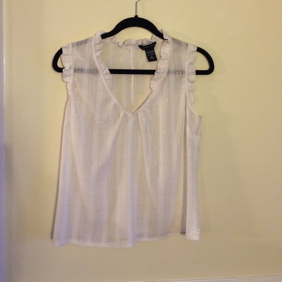 White and gold translucent ruffle neck tank
